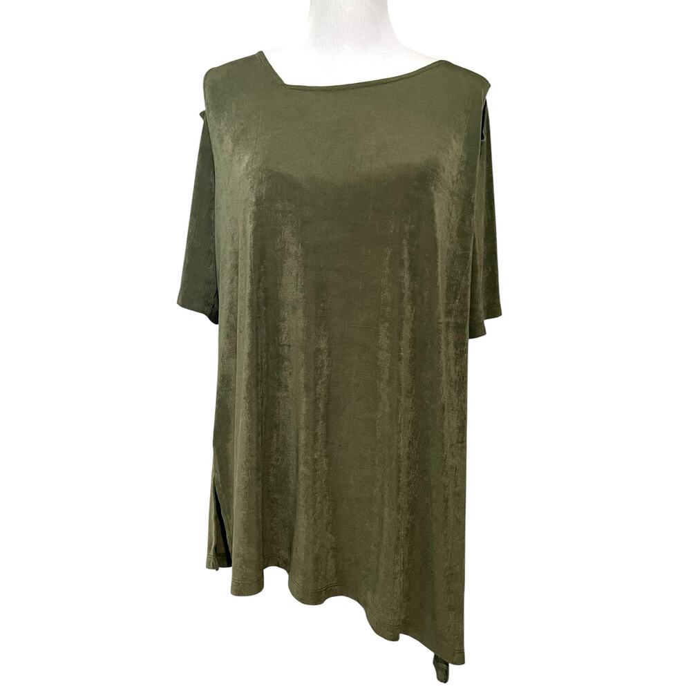 Chicos Travelers Asymmetrical Cold Shoulder Slit Top Tunic Slinky Sz 3 (XL)